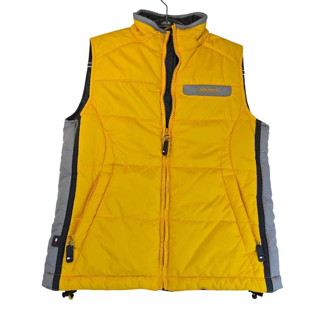 Tommy Hilfiger Puffer Vest Women S Yellow Gray Logo Quilted Lightweight Gorpcore